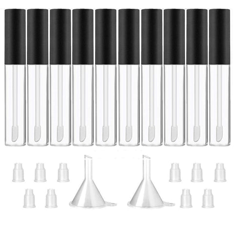 GTHER 10 Pack 10ML Plastic Empty Lip Gloss Tubes Containers, Clear Refillable Lip Balm Bottles with Rubber Inserts and Transfer Funnel for Lip Samples Travel Container (Matte Black + Transparent)