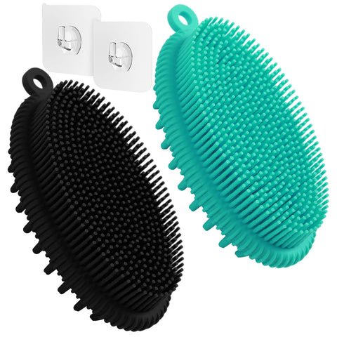 Shechane Silicone Body Scrubber, Gentle Exfoliating Cleaning Loofah, Soft Body Brush, SPA Massage Skin Care Tool, Scalp Massager for Women and Men, 2 Pack with 2 Free Hooks.. (Black+Blue)