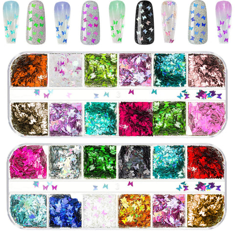 Butterfly Nail Art 24 Colors 3D Butterfly Decals Stickers Sequins for Nails, Holographic Nail Sparkle Glitter for Nail Art Decoration?2 Boxes)
