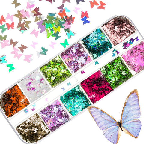 Butterfly Nail Sequins 12 Color 3D Butterfly Art Laser Glitter Sparkling Acrylic Paillettes, Holographic Nail Glitter Sheets for Nail Art Decoration