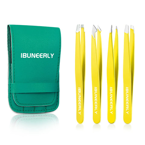 Tweezers Set, 4Pcs Tweezers for Women with Travel Leather Case, Professional Stainless Steel Eyebrows Tweezers, Great Precision Tweezers for Ingrown Hair, Facial Hair, Splinter Removal(Yellow)