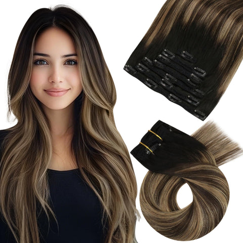 Moresoo 18 Inch Clip on Hair Extensions Balayage Color #1B Off Black Fading to #4 Dark Brown Highlight With #14 Dark Golden 120G Clip in Full Head Human Hair Extensions