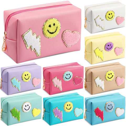 9 Pieces Preppy Patch Makeup Bag Chenille Letters Cosmetic Bag Smile Lightning Heart Pu Leather Portable Waterproof Toiletry Bag Travel Makeup Bag for Women, Multicolor, Smile, Lightning, Heart
