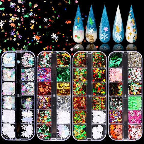 Christmas Snowflakes Glitter Sequins, EBANKU 4 Boxes Holographic Snowflakes Tree Confetti Glitter Laser Flakes for DIY Nail Art Resin Crafts