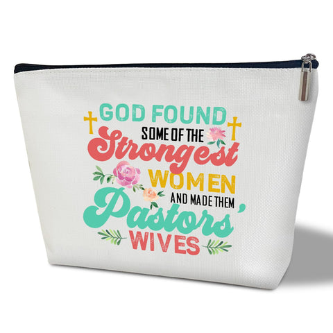 Makeup Bag, God Found Some of The Strongest Women and Made Them Pastors Wives, Makeup Travel Bag, Religious Appreciation Gift for Minister's Wife, Toiletry Case Pouch, Travel Accessories Bag -11, White