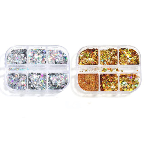 2 Boxes of Gold and Silver Nail Art Glitters Sequins 3D Glitter Flakes Sparkly Shiny Love Heart Star Moon Paillette Slice Sugar Powder Manicure Tips Nail Art Decoration Accessories