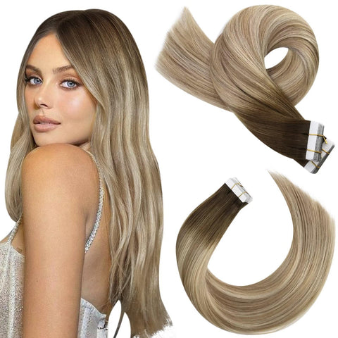 Moresoo 20inch Tape in Hair Extensions Remy Human Hair Tape on Hair Extensions 20pcs 50G Seamless Tape in Hair Extensions Colored #3 Brown Fading to #8 Light Brown and #22 Blonde Glue on Hair
