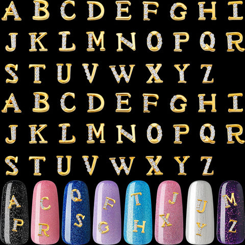 104 Pieces Letter Nail Studs 3D Capital Letters and Rhinestone Crystal Nail Decals English Alphabet Nail Art Decoration for Women Girls DIY Nail Art (Gold)