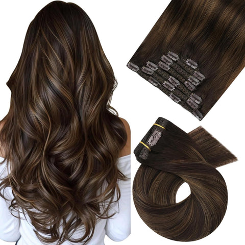 Moresoo 18 inch Hair Extensions Clip in Human Hair Balayage Colored Darkest Brown with Chestnut Brown Remy Human Real Clip in/on Full Head Clip in Real Human Hair 120g Clip in Hair Extensions