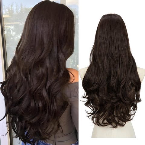 Clip in Hair Extension Brown Curly Curl Wave Full Head Long 24" 0.37lb 170g One Piece U part Synthetic Hairpiece For Women Natural Real Hair Piece Japan High Temperature Fiber(UH17#6 Dark brown)