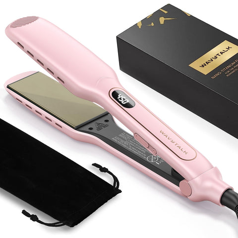 Wavytalk Wet to Straight Hair Straightener, Titanium 1.75 Inch Wide Flat Iron for Wet or Dry Hair, Professional Straightener with Dual Voltage Leave Silky Smooth Look, 20% Faster Styling, Pink