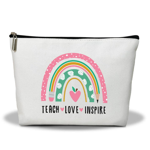 Makeup Bag, Teacher Rainbow Makeup Organizer Bag, Teach Love Inspire, Portable Toiletry Makeup Pouch, Storage Makeup Zipper Bag, Appreciation Retirement Gift for Women Mentor Coach -20, White