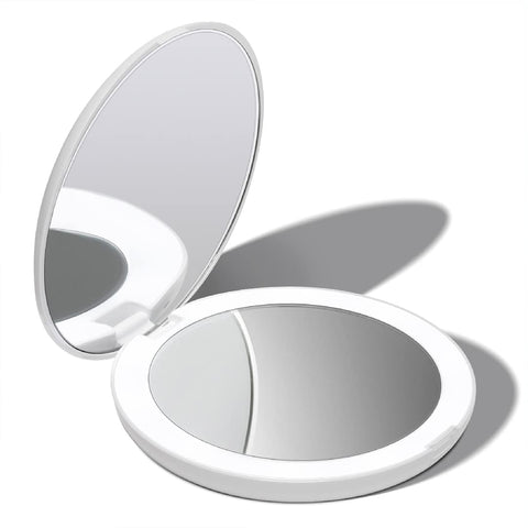 Fancii LED Lighted Travel Makeup Mirror, 1x/10x Magnification - Daylight LED, Compact, Portable, Large 5" Wide Illuminated Folding Mirror, Silk White (Lumi)