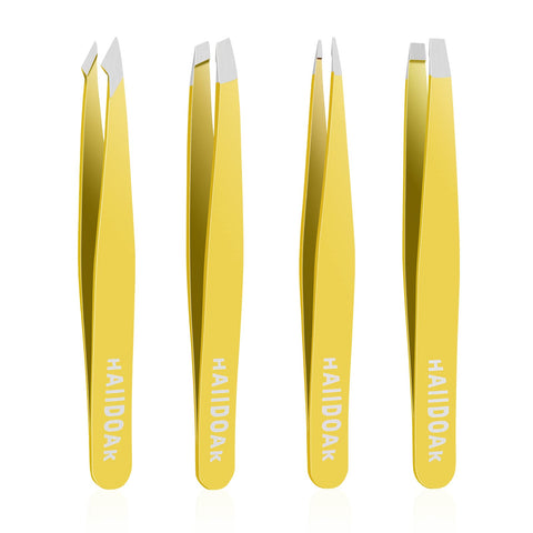 Tweezers Set, Professional Stainless Steel Tweezers for Eyebrows, Great Precision for Facial Hair, Splinter and Ingrown Hair Removal (Yellow)