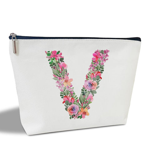 Initial Letter V Gifts for Women Mom Friend Besties Sister, Flower Monogrammed Makeup Bag, Cosmetic Travel Bag with Zipper for Mother's Day Wedding Graduation, Bride Bridesmaid Pouch Toiletry Bag - 22, White