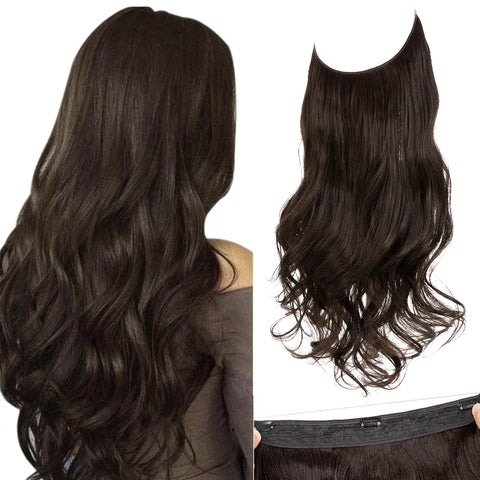 Halo Hair Extension Dark Brown Wavy Curly Long Synthetic Hairpiece Natural 16 Inch 3.9 Oz Hidden Wire Adjustable Headband for Women Heat Friendly Fiber No Clip SARLA(M03&6#)
