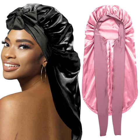 Bonnets for Black Women Braid Bonnet, Large Long Satin Bonnet for Braids, Silk Bonnet with Stretchy Tie Band Sleep Cap Hair, Black&rose Pink, XL
