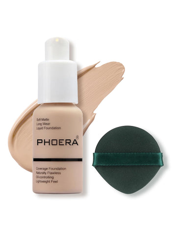 PHOERA Face Foundation Naturally Liquid Foundation Full Coverage Perfect 30ml Matte Oil-Control Concealer 10 Colors Optional, New Package and Better Quality.(#102 Nude)