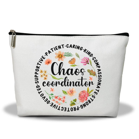 Makeup Bag, Flower Travel Makeup Organizer Bag, Chaos Coordinator, Portable Toiletry Makeup Pouch, Storage Makeup Zipper Bag, Motivational Gifts for Women Mom Girl Lady Boss Teacher -06, White