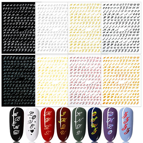 SILPECWEE 8 Sheets Letter Nail Stickers Old English Nail Art Stickers Self Adhesive Nail Decals Nail Letters Nail Design Stickers 3d Letter Stickers For Nails