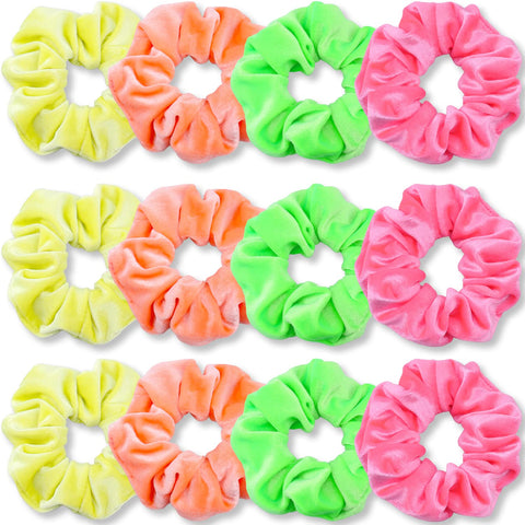 IVARYSS Neon Scrunchies, Premium Velvet Soft Hair Scrunchy, Solid Colors Thick Elastic Bands, Hair Accessories for Women and Girls, 12 Pack