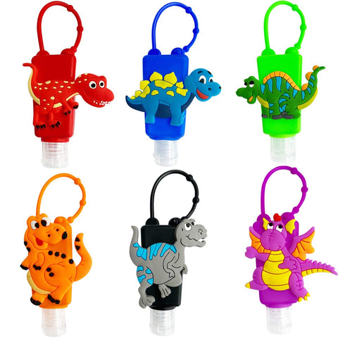 VHOPMORE 6Pcs Travel Size Kids Empty Hand Sanitizer Bottles with Keychain Holder Detachable Silicone Protective Case 30ml Plastic Travel Bottles Leak Proof Refillable Containers - Dinosaur