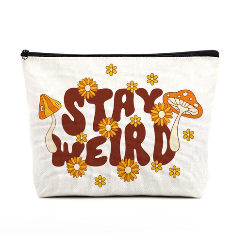 fkovcdy Cosmetic Bag Retro Hippie Boho Decor Mushroom Decor Aesthetic 60's 70's Retro Smiley Face Boho Rainbow Good Vibes Front Quotes Women's Cosmetic Bag Zipper Pouch, StayWeird, 9.7inches x 7 inches