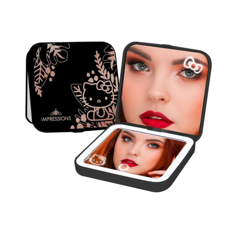 Impressions Vanity Hello Kitty Supercute Compact Mirror with Touch Sensor Switch for Adjustable Brightness, Lighted Makeup Mirror with LED Lights and 2X Magnifying Mirror Top (Black)