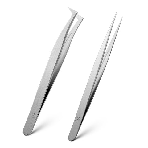FERYES Lash Extension Tweezers Set(2 PCS),Straight and Curved Pointed Tip Tweezers for Eyelashes Extensions or 3D 6D Volume Mink Isolation,Professional Stainless Steel Eye Lash Application Tweezer
