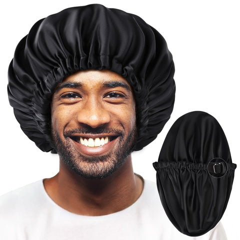 Silk Bonnet for Men Sleeping Satin Bonnet Hair Bonnets Double Layer Ajustable Bonnet Curly Braids Hair Black Men Women, Black/Black, Large
