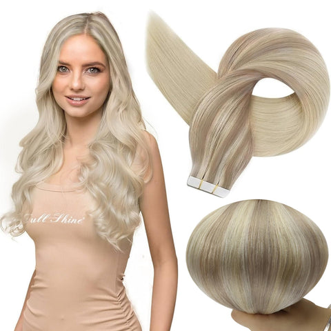 Full Shine 14" 20 Pcs 50 Gram Per Package Dip Dyed Hair Nordic Balayage #18 Ash Blonde Fading to Blonde #22 and #60 Remy Real Hair of Pu Tape in Human Hair Extensions