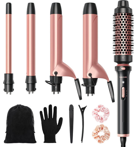Wavytalk 5 in 1 Curling Wand Set with Curling Brush and 4 Interchangeable Ceramic Curling Wands Wands, Instant Curling Hair Curler, Includes Heat Protective Glove and 2 Clips