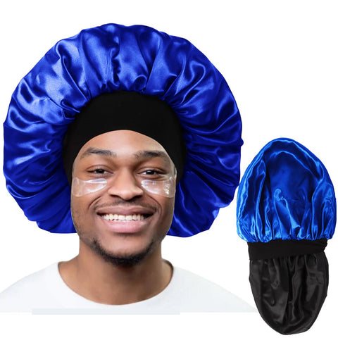 Bonnet for Men,Silk Bonnet for Sleeping,Double Layer Satin Bonnets for Women Curly Hair Braids,Reversible Sleep Bonnet (Large,Black/Royal Blue), Black/Royal Blue, Large-X-Large, Black/Royal Blue,
