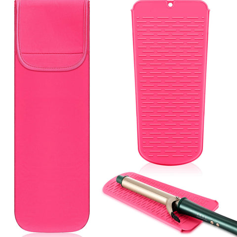 2 Pieces Flat Iron Travel Case Heat Resistant Curling Iron Neoprene Holder and Silicone Mat for Hair Tools Curling Iron Organizer Bag or Travel Daily Use (Rose Red)