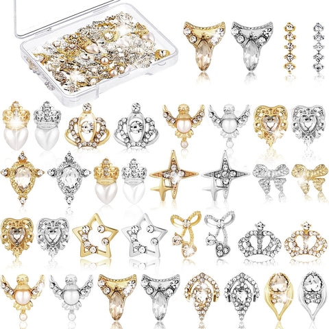 36 Pcs 3D Nail Charms Hearts Nail Charms for Nail 3D Art Gold Silver Luxury Jewels Crystal Diamonds Rhinestones Pearl Nail Gems for Beauty Manicure Nails Jewelry Making Crafts (Crown Style)