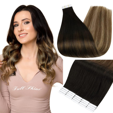 Fshine 16" Ombre Tape in Hair Extensions Human Hair Glue in Extensions Color 1B Fading to 6 and 27 Honey Blonde Balayage Hair 20 Pcs 50gram Per Package