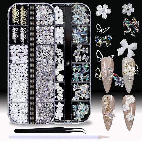 WOKOTO 2 Box 3d Nail Charms For Nail Art 3d Nail Rhinestones For Acrylic Nails Mix Shapes 3d Butterfly Nail Art Rhinestones Pearls For Nails 3d Flowers For Nails Holographic Nail Bows Bears Set