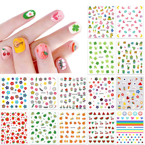 IHUKEIT 14 Sheets Multicolor Nail Stickers - 3D Self-Adhesive DIY Nail Art Decoration Set with Hearts, Fruits, Flowers, Animals, Rainbow Patterns for Women and Girls