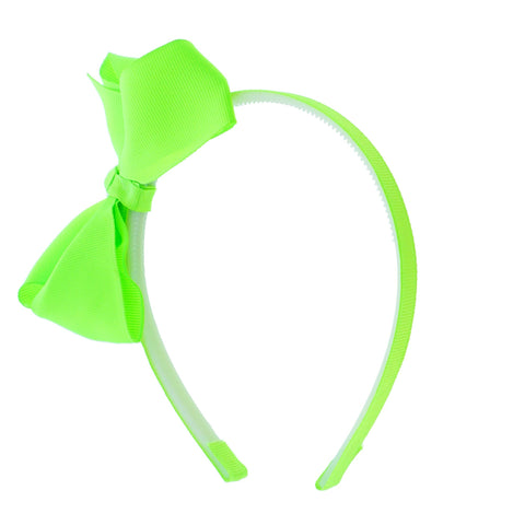 Little Girls Neon Headband With Side Grosgrain Bow- Neon Green