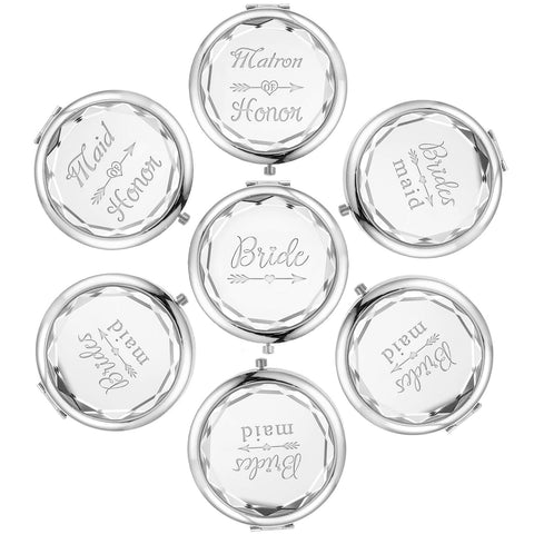 Pack of 7 Compact Pocket Makeup Mirrors Set Include 1 Bride Mirror 1 Maid of Honor Mirror 1 Matron of Honor Mirror and 4 Bridesmaid Mirrors (Silver)