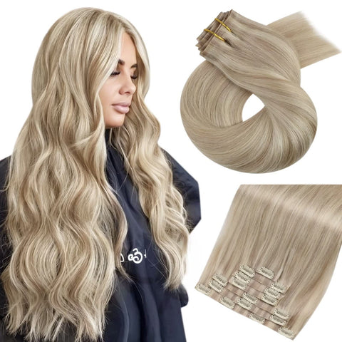 Moresoo Natural Hair Clip in Extensions 16 Inch PU Clip in Human Hair Extensions Double Weft Color #18 Mixed with #613 Bleach Blonde 7 Pieces 120g: 16 Inch, P18/613