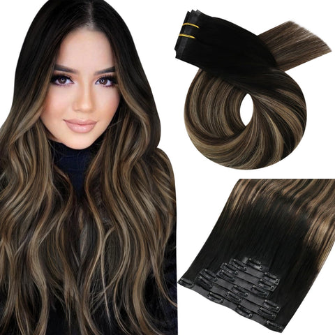 Moresoo Real Hair Extensions Clip in Human Hair Seamless Clip on Hair Extensions 20 Inch #1B/3/27 Black to Brown With Blonde Hair Extensions Silky Healthy Hair 7PCS 100g