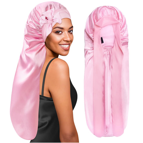 BONNET QUEEN Braid Bonnet Silk Bonnet for Braids Extra Long bonnet for sleeping Satin Bonnet with tie band Dreadlock Cap for women Pink