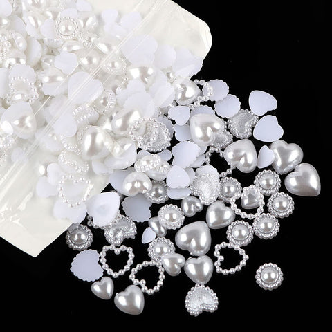 500Pcs Heart Pearls Nail Charms Multi Shapes Sizes 3D White Heart Sun Flower Round Beads ABS Flatback Kawaii Pearls 3D Nail Beads Charms for Manicure DIY Crafts Jewelry Accessories