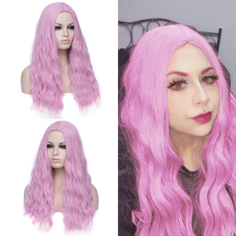 DWMGLP 24" Long Pink Purple Curly Wavy Wig For Women Heat Resistant Fiber Wigs Halloween Cosplay Daily Party+Cap (Pink Purple)