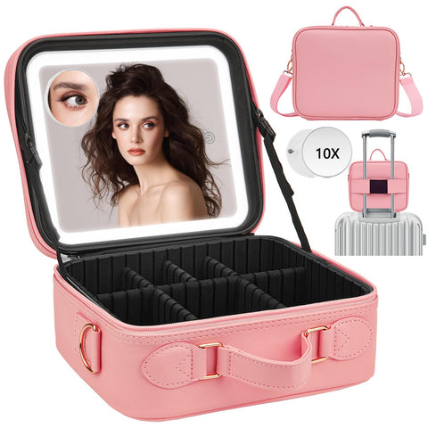 ViKert Pink Travel Makeup Bag with Light Up Mirror, Adjustable Compartments & Waterproof Design