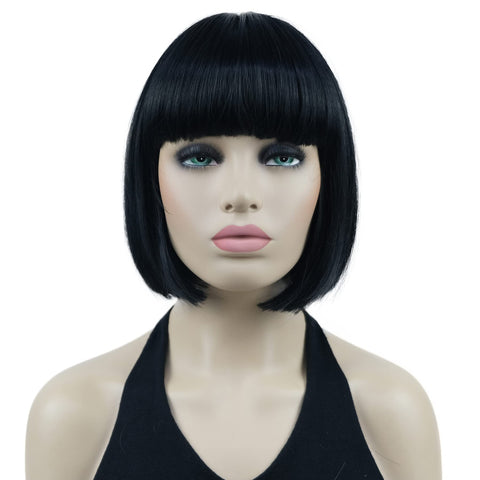 #1 Black: Lydell 8" Straight Short Bob Wig Cute Flat Bangs Synthetic Wigs #1 Black