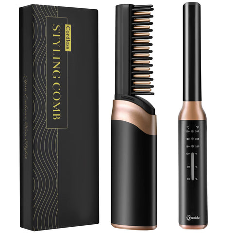 FERNIDA Cordless Hair Straightener Brush For Women,Electric Hair Straightening Brush For Portable Travel Home Styling,Rechargeable 15S Fast Heating,Black