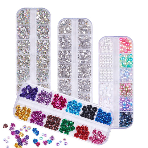 FITDON 3d Nail Art Rose Flower & Crystals AB Nail Rhinestones & Clear Nail Gems Stones & Nail Pearl for Nail Decoration DIY Jewel Charms Accessories Supplies