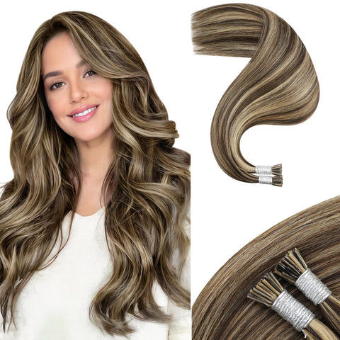 Moresoo 16 Inch Itip 100 Remy Hair Extensions Colored Hair Extensions #4 Highlights with #27 50g/set 1g/1s Keratin I Tip Hair Extensions: 16, P4/27